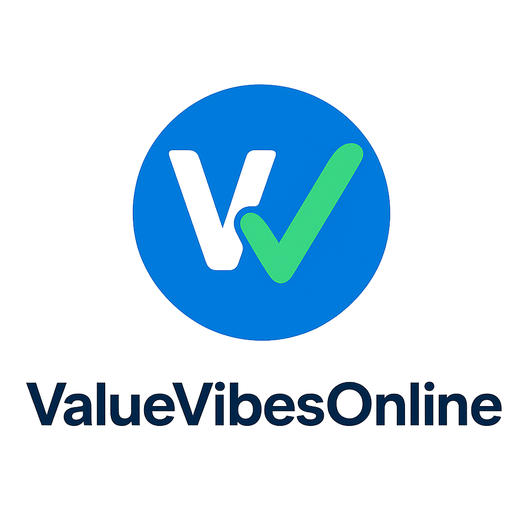 ValueVibesOnline favicon logo featuring bold VV monogram with a green check mark inside a blue circle.
