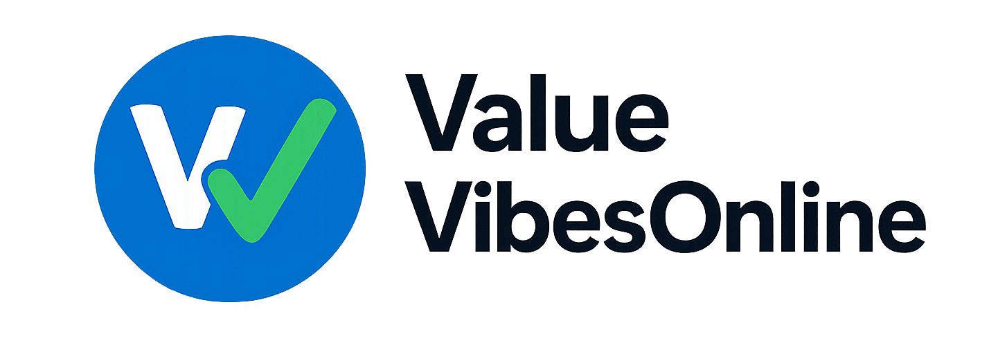 Logo of ValueVibesOnline.com showing bold VV initials in a blue circle with a green checkmark, next to the brand name in clean black text.