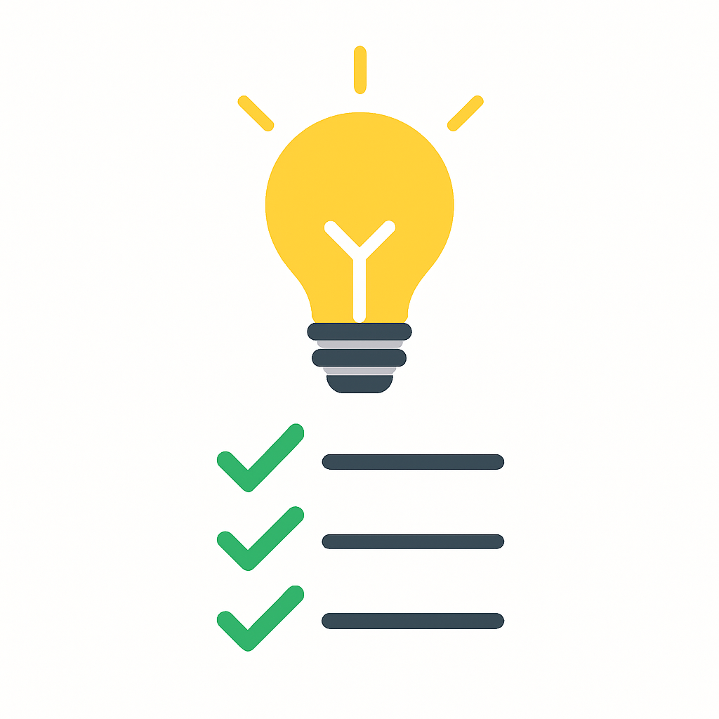 Minimal flat illustration of a yellow lightbulb above a checklist with green ticks, symbolizing buying guides, smart shopping, and informed decision-making.
