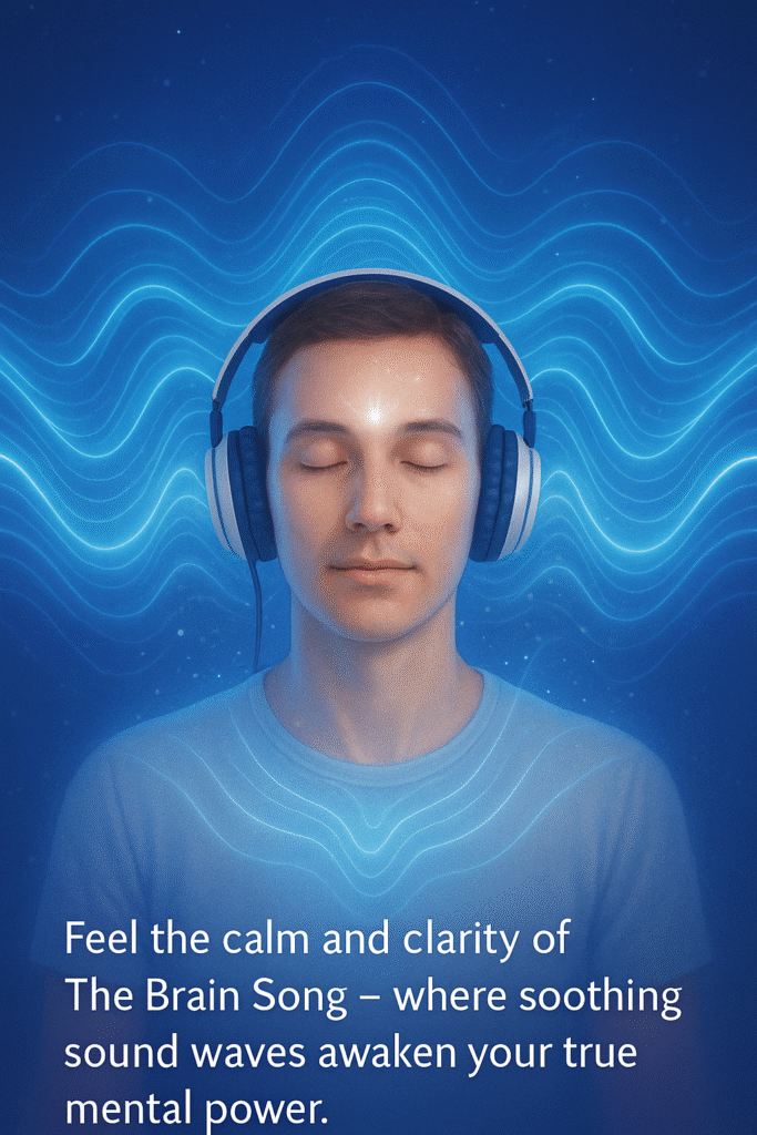 Person wearing headphones, eyes closed, surrounded by glowing blue energy waves while listening to The Brain Song for deep relaxation and mental clarity.