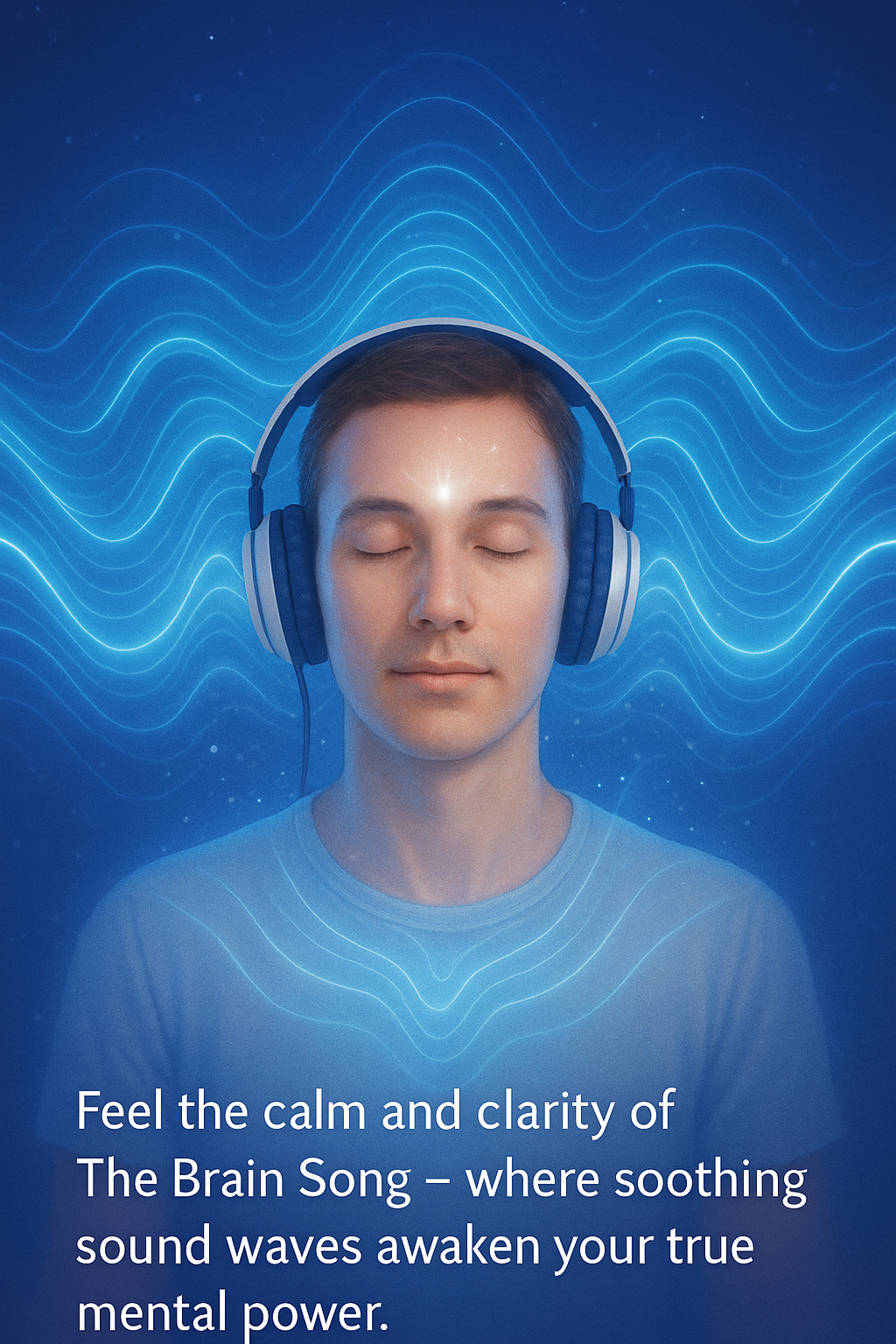 Person wearing headphones, eyes closed, surrounded by glowing blue energy waves while listening to The Brain Song for deep relaxation and mental clarity.