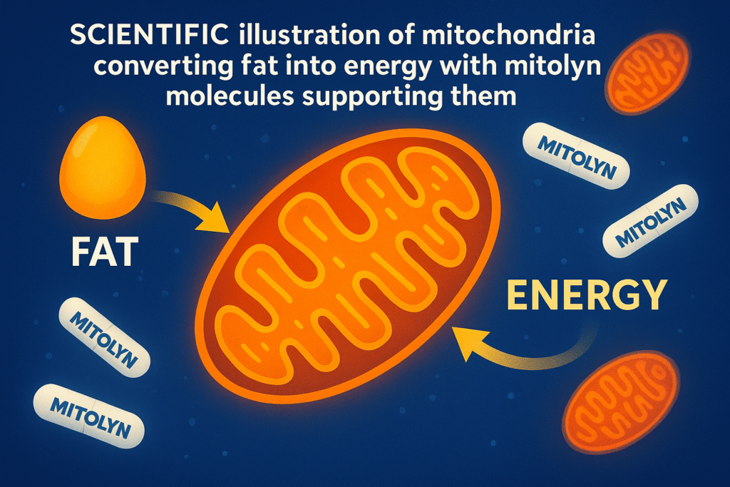 Scientific illustration showing mitochondria converting fat into energy with Mitolyn capsules enhancing cellular metabolism on a blue background.