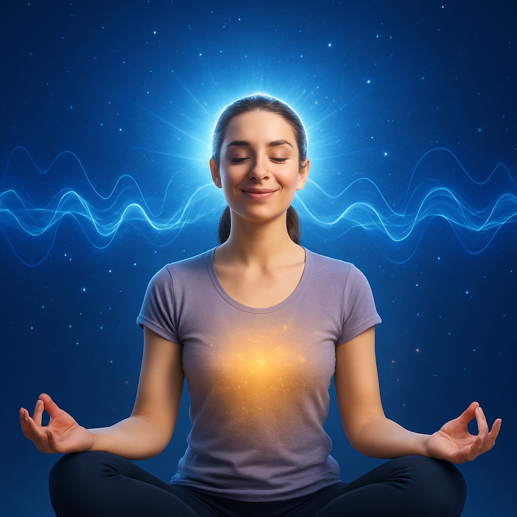 Peaceful person meditating with eyes closed, surrounded by glowing sound waves and radiant energy while listening to The Brain Song for relaxation and focus.