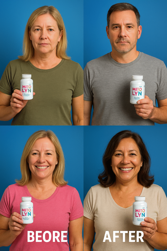 Before-and-after collage of real Mitolyn users holding supplement bottles and smiling, showcasing visible transformation and positive results.