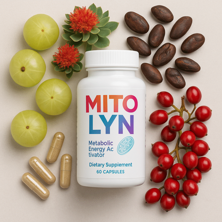 Flat lay of Mitolyn supplement bottle surrounded by natural ingredients like Amla, Rhodiola, Cacao, and Magal Berry, representing the natural composition of Mitolyn Review.