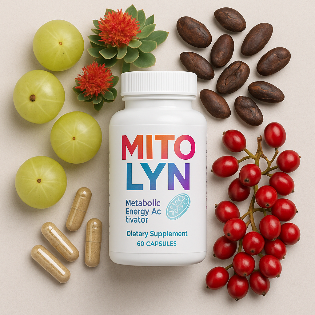 Flat lay of Mitolyn dietary supplement bottle surrounded by natural ingredients like Amla, Rhodiola flowers, cacao beans, and Magal berries on a neutral background.