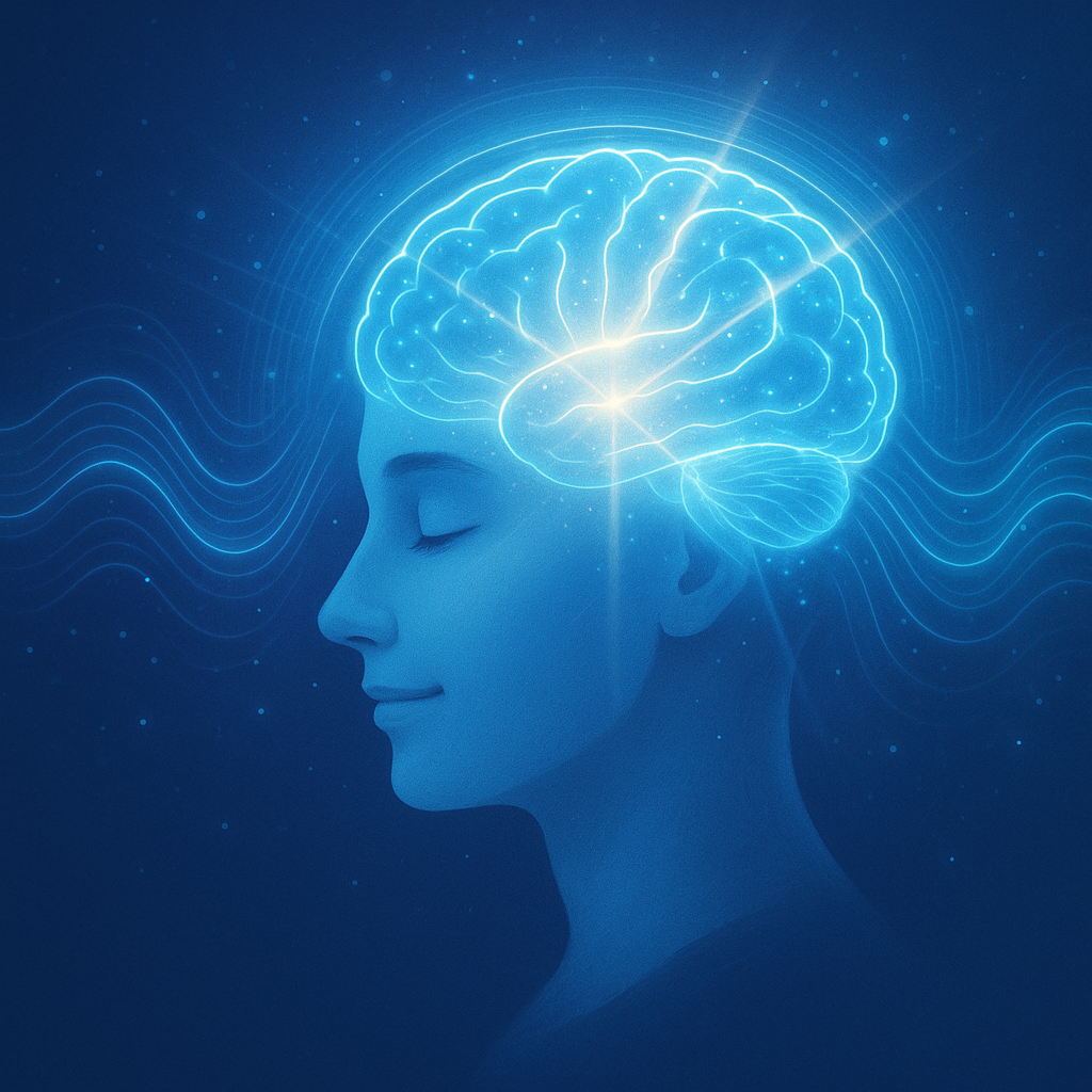 A calm person experiencing brain activation and mental clarity through The Brain Song sound therapy with glowing energy waves around the head.