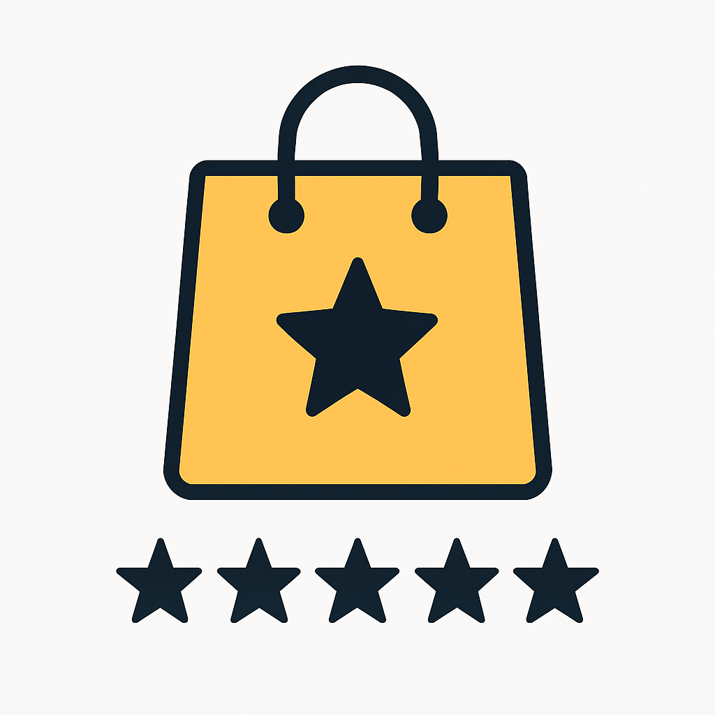Minimal flat vector illustration of a yellow shopping bag with a central star and a five-star rating below, symbolizing product reviews and trusted quality.