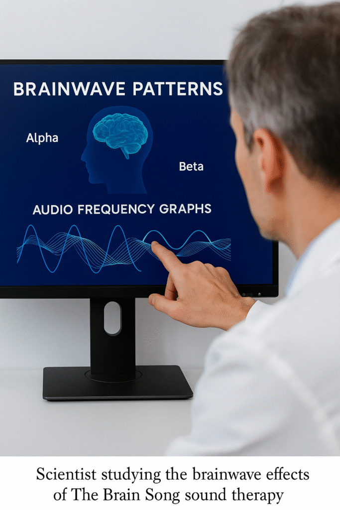 Scientist examining brainwave patterns and audio frequency graphs on a computer screen to study the cognitive effects of The Brain Song sound therapy.
