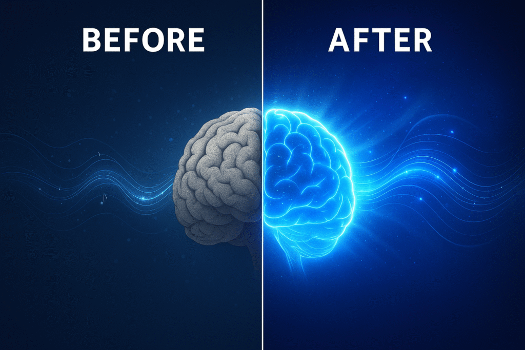 Before and after comparison of a dull brain transforming into a glowing active brain after using The Brain Song sound therapy for focus and clarity.