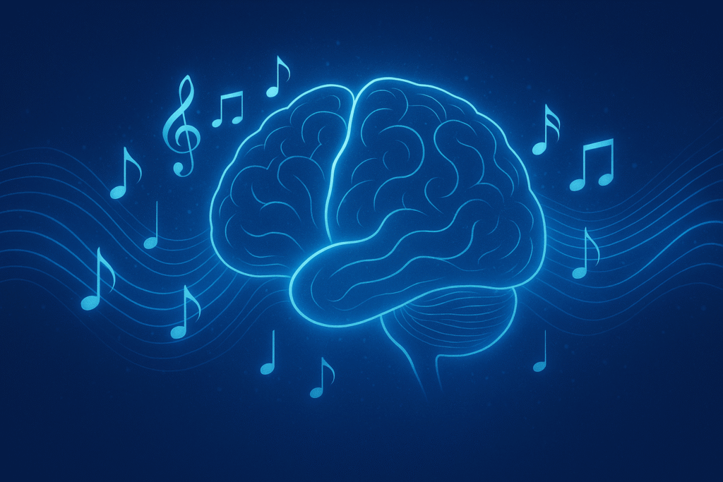 Glowing brain made of sound waves and musical notes, symbolizing harmony, focus, and mental balance inspired by The Brain Song audio therapy.