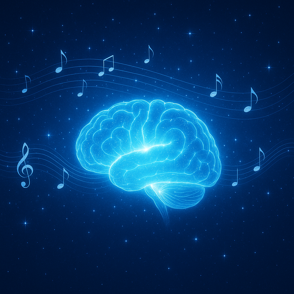Digital art of a glowing brain made of light surrounded by music waves and stars, symbolizing mindfulness, focus, and mental energy powered by The Brain Song.