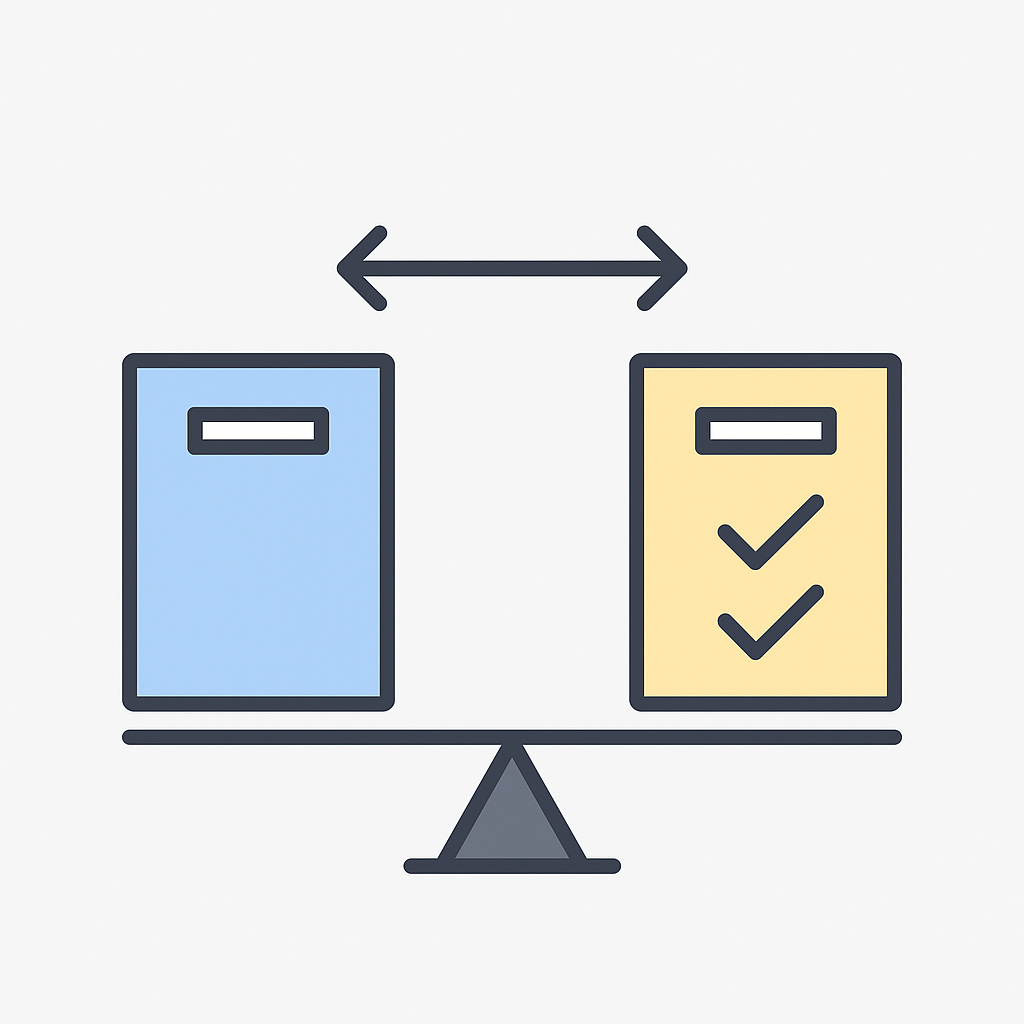 Flat minimal vector illustration of two product boxes side by side on a balance scale with arrows above, symbolizing product comparisons, shopping tips, and decision-making.